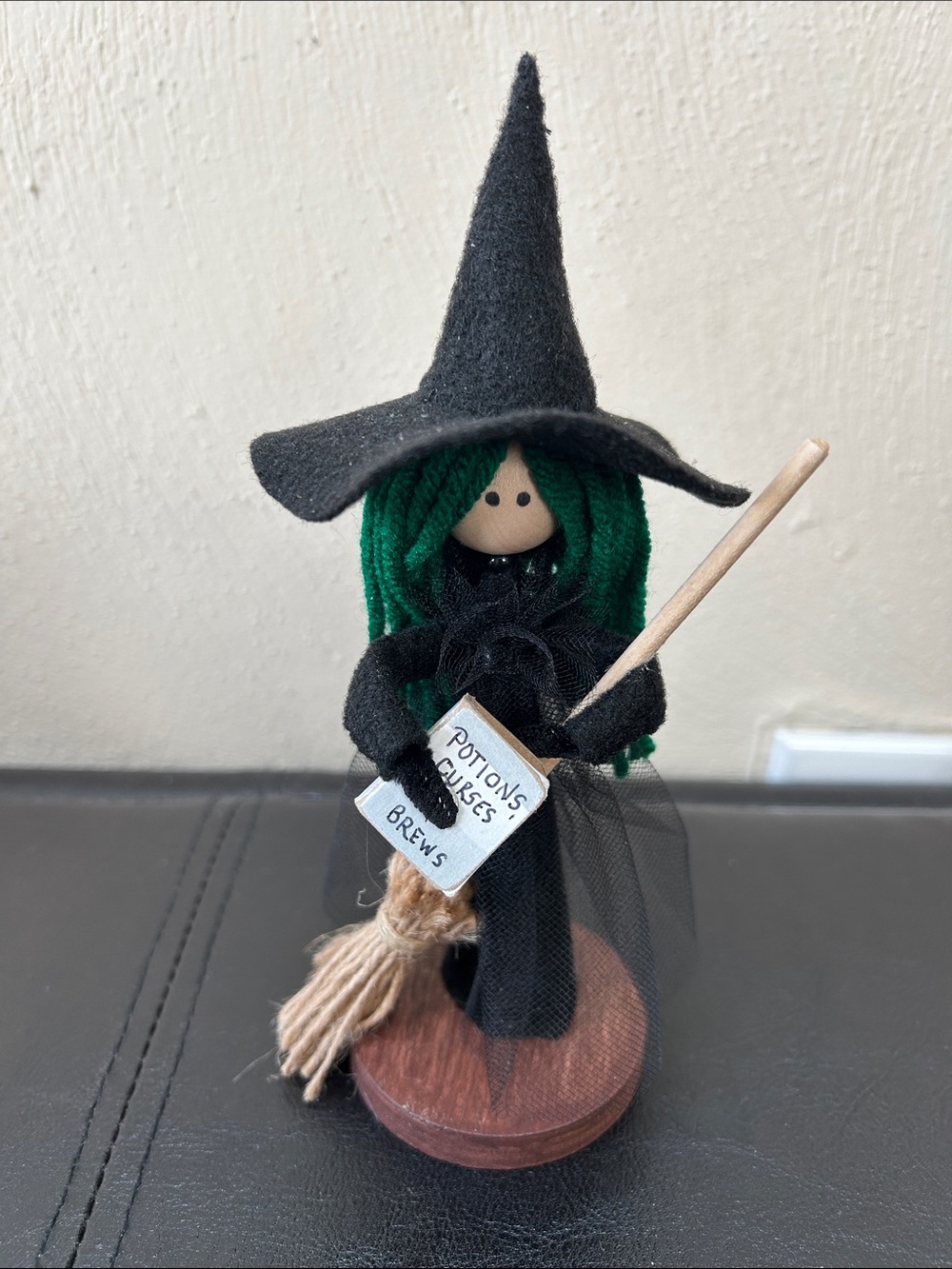 Handmade Black Witch Figurine with Green Hair - Home Accent - handmade by my mom